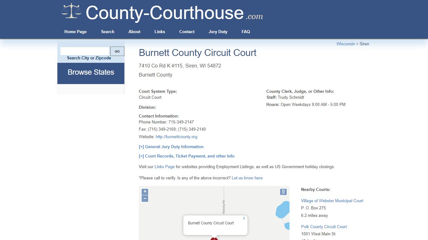 Burnett County Circuit Court in Siren, WI - Court Information